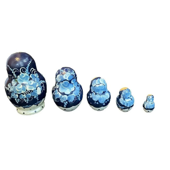 Russian Nesting‎ Dolls 5 Piece Hand Painted Wood Blue Floral Flowers - Picture 3 of 4
